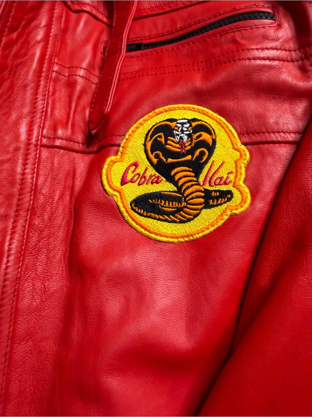 Real Leather Red Cobra Patch Bomber Jacket - Picture 3 of 4